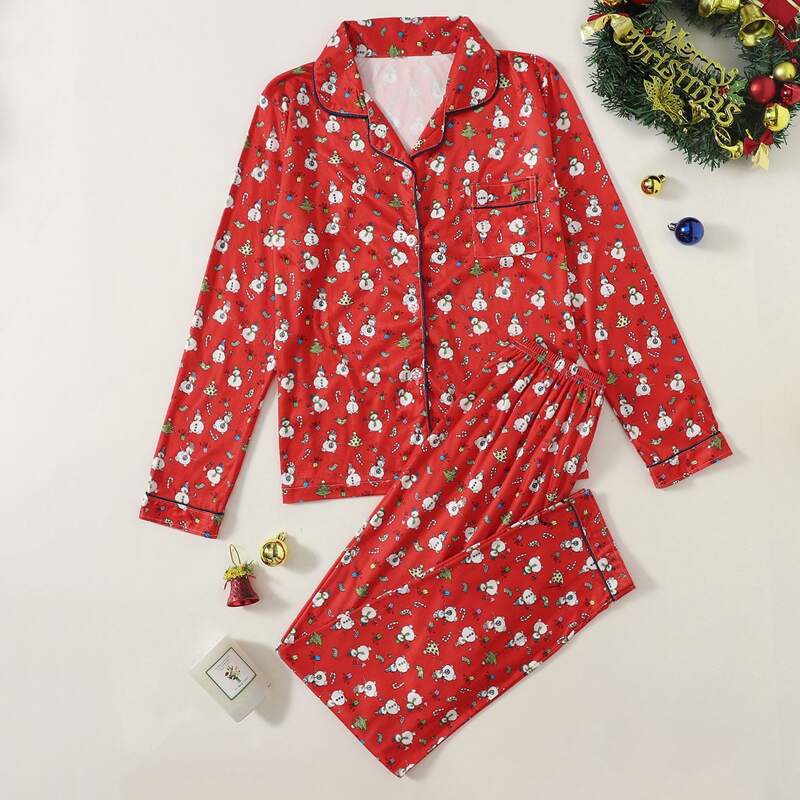

Christmas Snowman Print Button Up PJ Set, Red