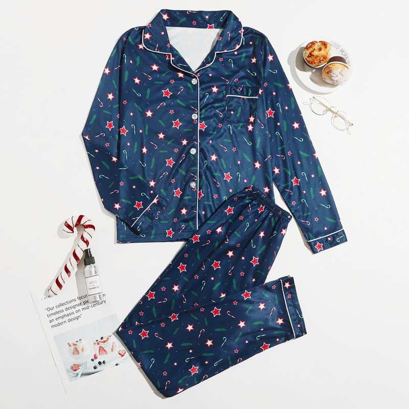 

Christmas Star Print Button Up PJ Set, Blue