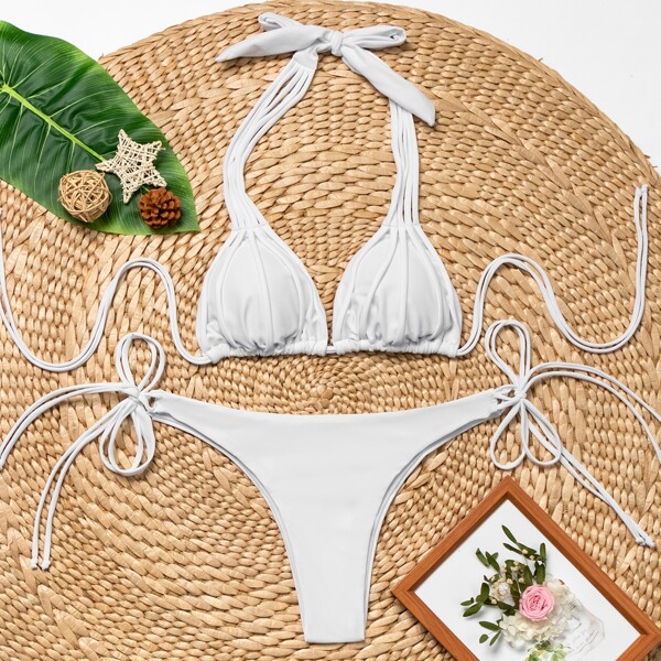 

Halter Triangle Tie Side Bikini Swimsuit, White