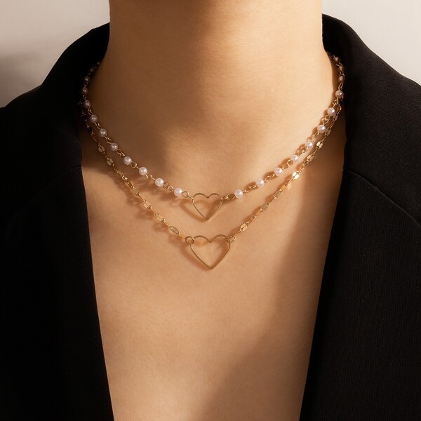 

Heart Charm Layered Necklace, Gold