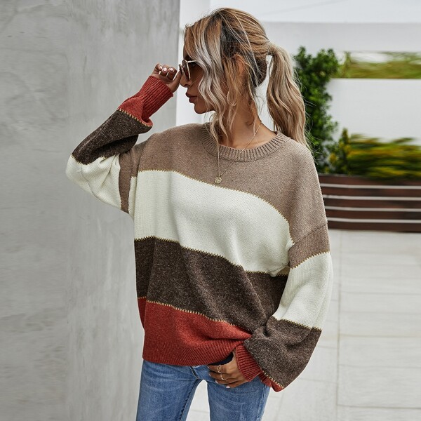 

Drop Shoulder Color-block Oversized Sweater, Multicolor