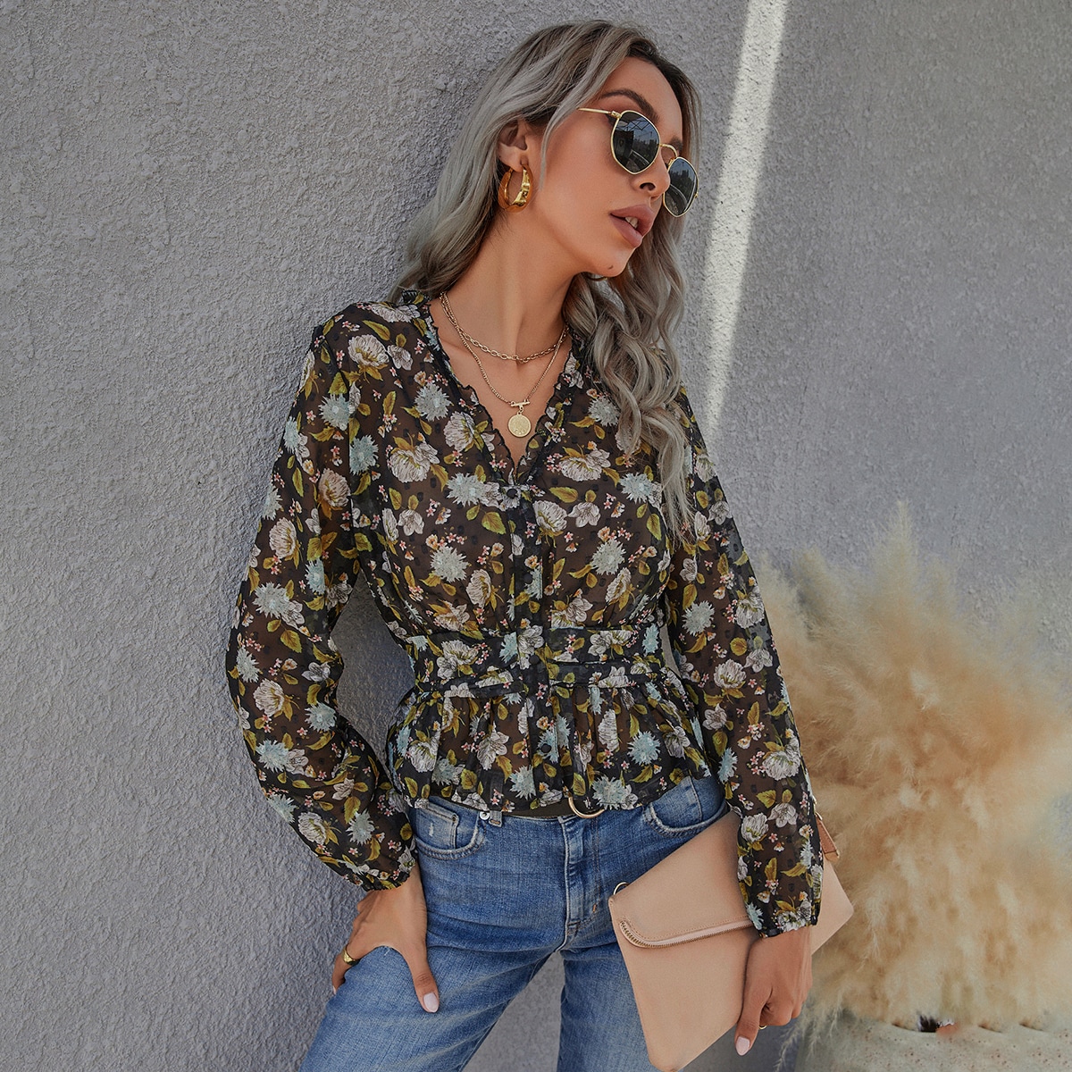 Image of Allover Floral Print Frill Trim Peplum Blouse