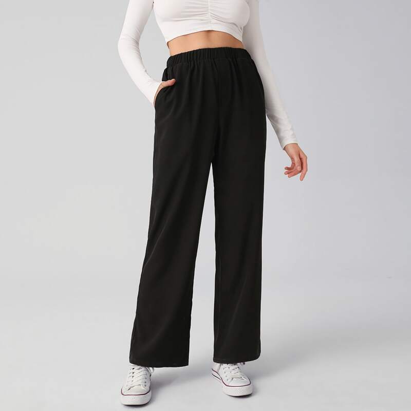 

Straight Leg Solid Pants, Black