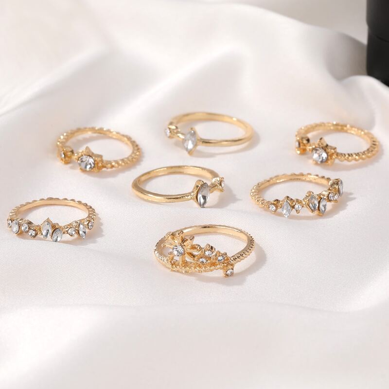 

7pcs Rhinestone Floral Ring, Gold