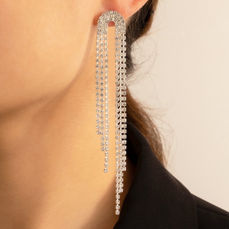 

Christmas Rhinestone Tassel Drop Earrings, Silver