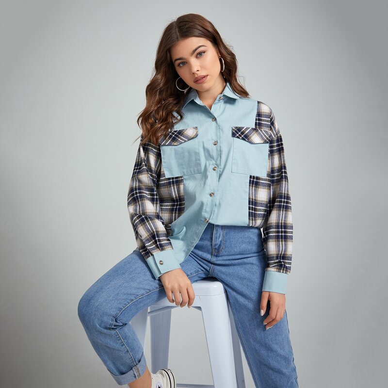 

Contrast Plaid Button Front Pocket Blouse, Multicolor