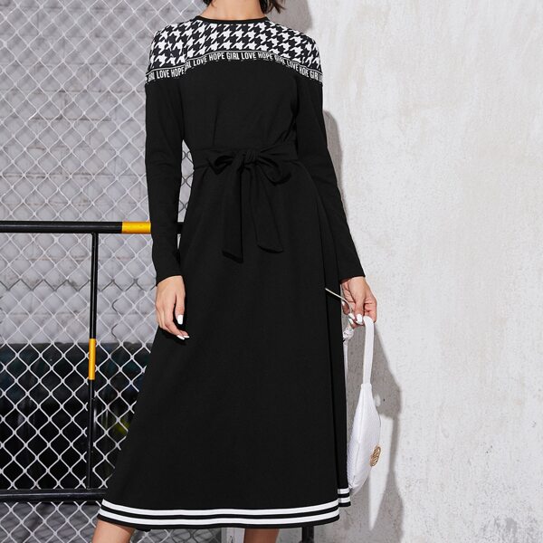 

Letter Tape Houndstooth Yoke Belted Dress, Black
