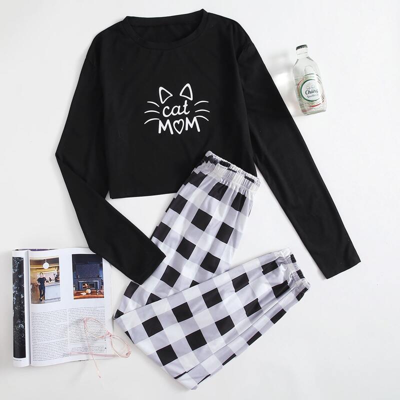 

Cartoon Graphic Tee & Gingham Pants PJ Set, Black and white