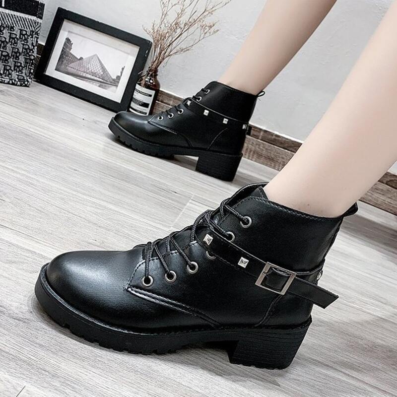 

Studded Buckle Lace-up Chunky Heeled Boots, Black