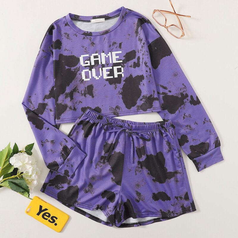 

Letter Graphic Crop Top & Shorts Lounge Set, Purple