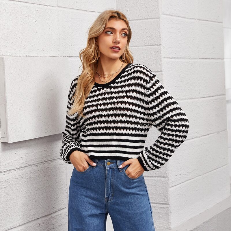 

Two Tone Striped Sweater, Black and white