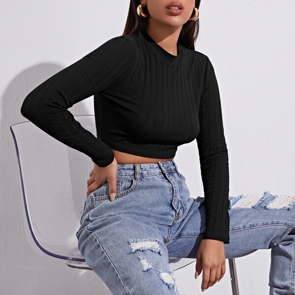 

Crop Rib-knit Slim Tee, Black