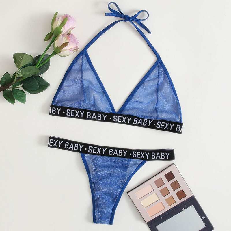

Letter Tape Glitter Mesh Lingerie Set, Blue