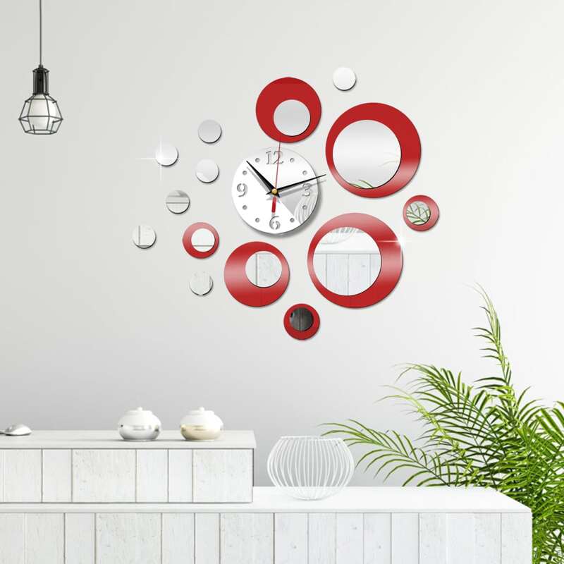 

1set Circle Mirror Surface Wall Clock, Red