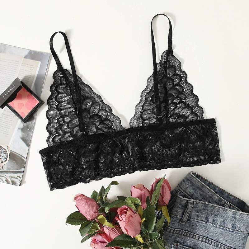 

Floral Lace Triangle Bralette, Black