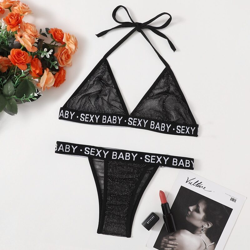 

Letter Tape Glitter Mesh Lingerie Set, Black
