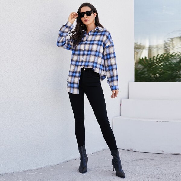 

Plaid Drop Shoulder Oversized Blouse, Multicolor