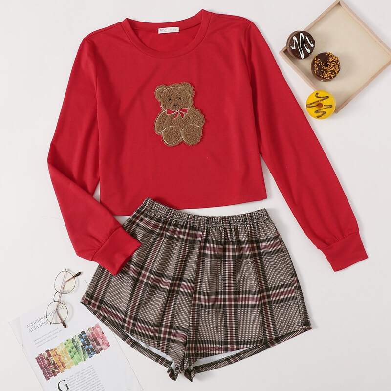 

Bear Applique Tee & Plaid Shorts PJ Set, Multicolor