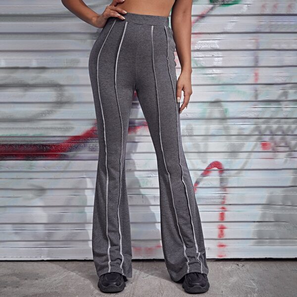 

High Waist Stitch Trim Pants, Grey