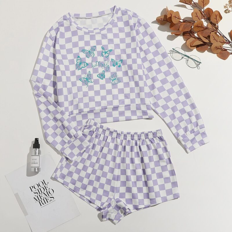 

Butterfly & Checkerboard Pattern Lounge Set, Lilac purple