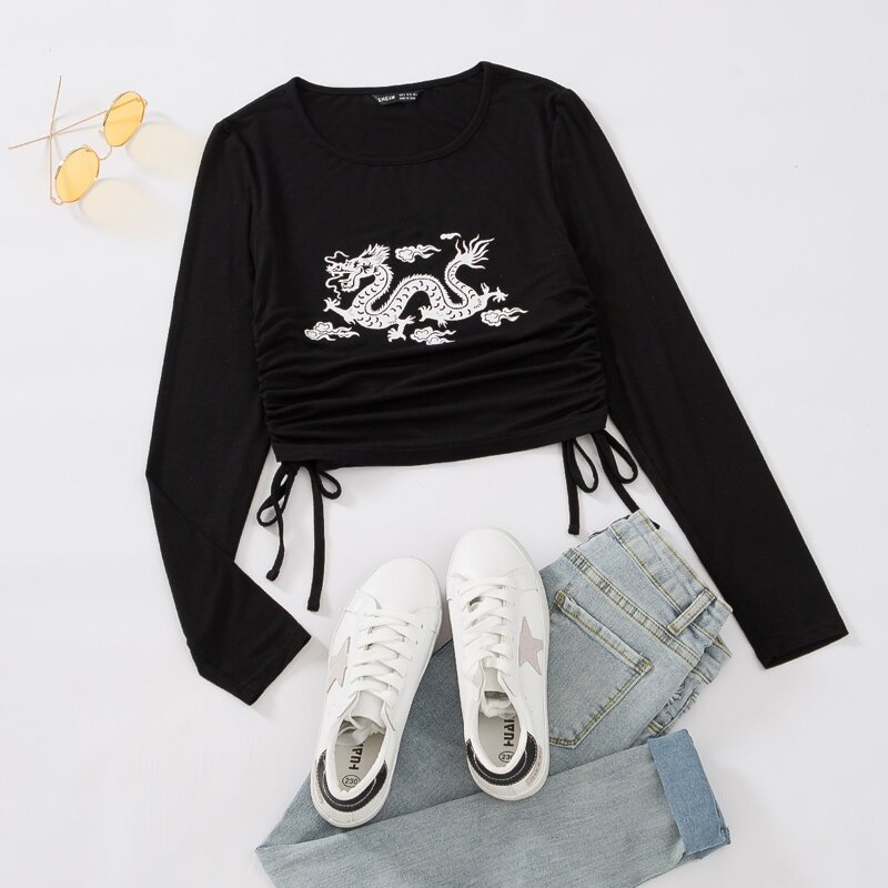 

Chinese Dragon Print Drawstring Front Tee, Black