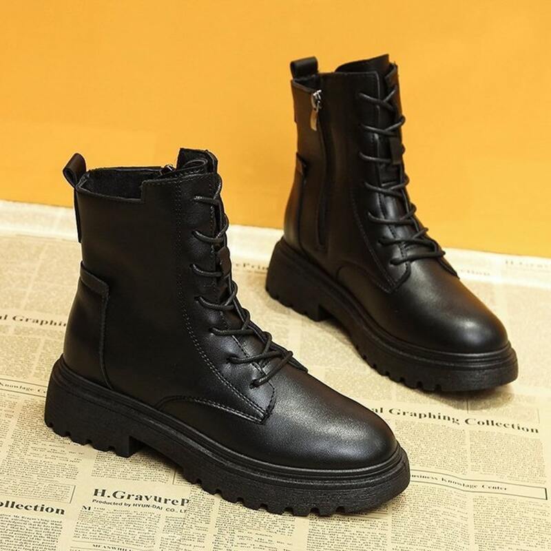 

Zip Side Lace-up Combat Boots, Black