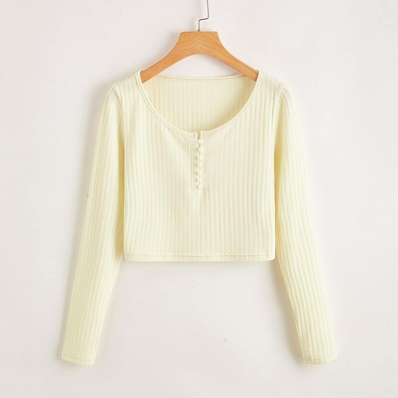 

Faux Pearls Front Rib Crop Tee, Beige