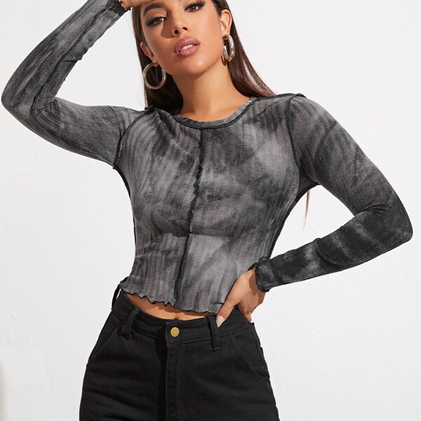 

Lettuce Trim Tie Dye Crop Tee, Dark grey