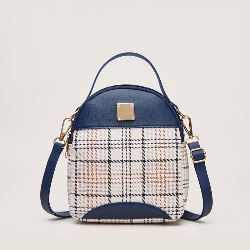 

Metal Decor Plaid Backpack, Blue