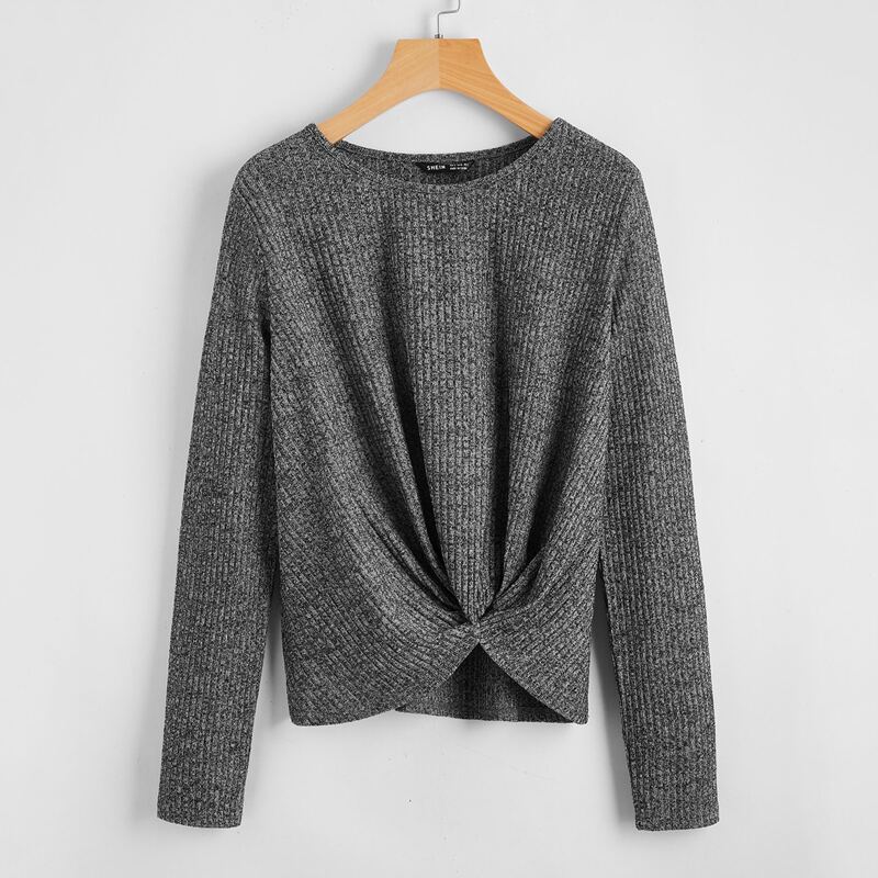 

Twist Front Rib-knit Tee, Dark grey