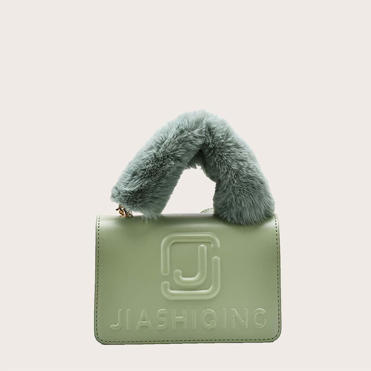 

Faux Fur Decor Letter Embossed Satchel Bag, Green