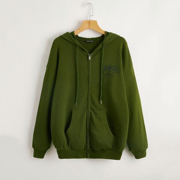 

Angle & Letter Graphic Zip Up Hoodie, Army green