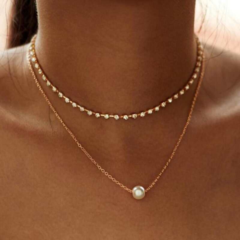 

2pcs Rhinestone & Faux Pearl Necklace, Gold