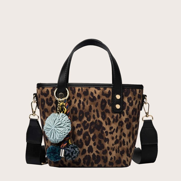 

Pom Pom Decor Leopard Satchel Bag, Brown