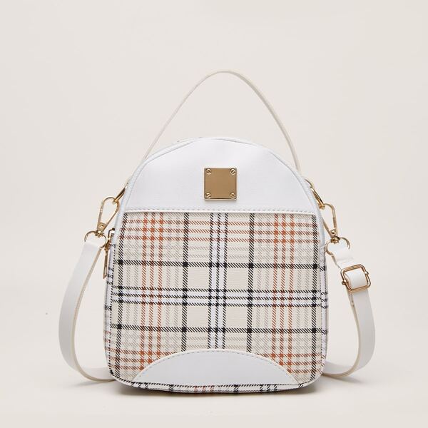 

Metal Decor Plaid Backpack, White