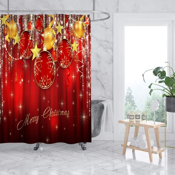 

Christmas Bell Print Shower Curtain With 12hooks, Multicolor