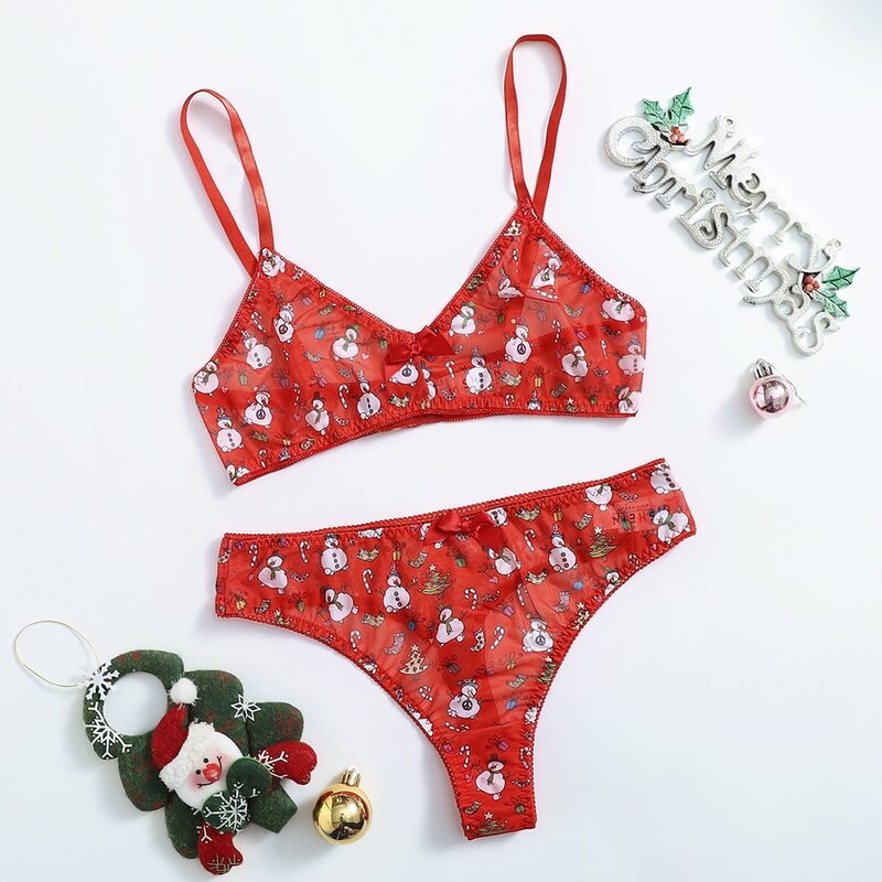 

Christmas Snowman Print Mesh Lingerie Set, Red