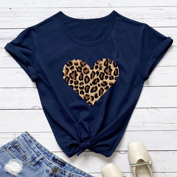 

Leopard And Heart Print Tee, Navy blue