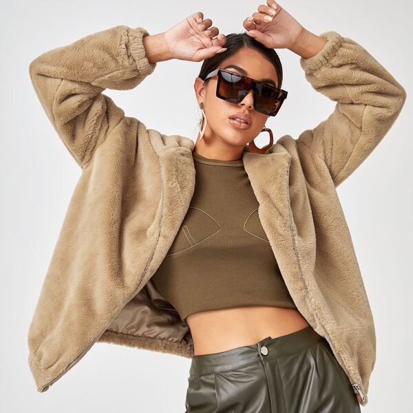 

Zip Up Hooded Teddy Jacket, Khaki