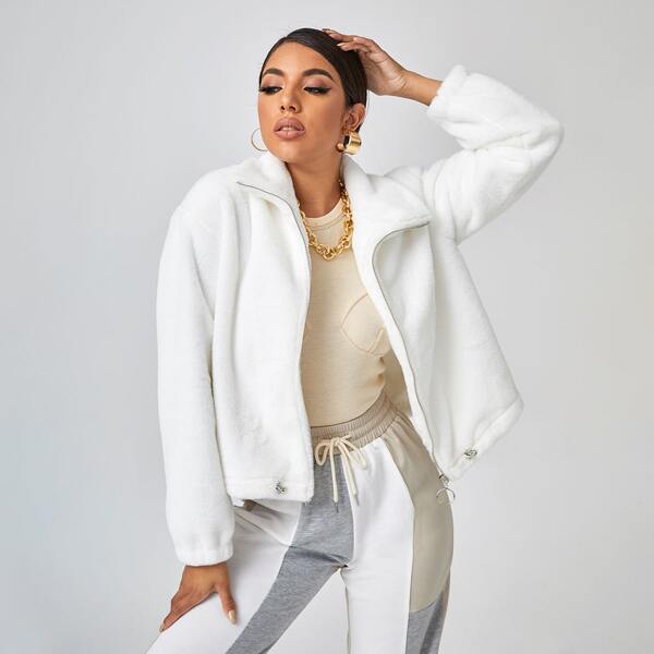 

Zip Up Drawstring Hem Teddy Jacket, White