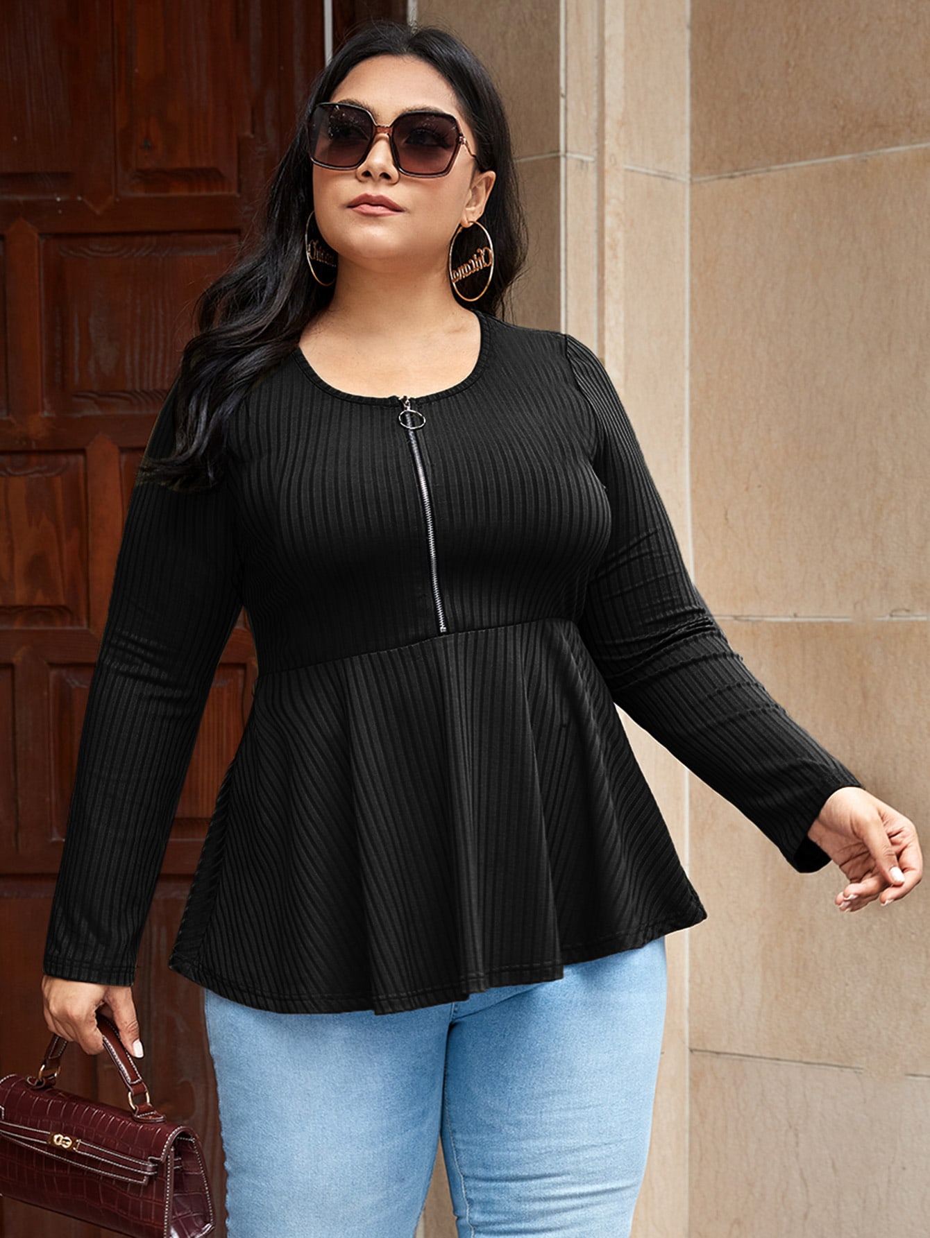 Plus O-ring Zip Half Placket Peplum Top thumbnail