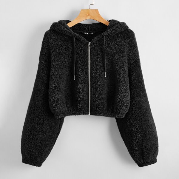 

Zip Up Drawstring Hooded Teddy Jacket, Black