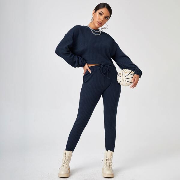 

Solid Drop Shoulder Sweatshirt & Drawstring Waist Leggings, Navy blue