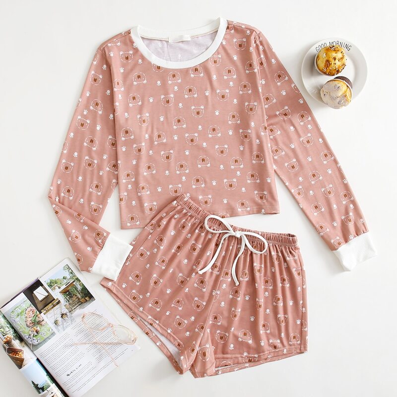 

Bear Print Tie Front Shorts PJ Set, Dusty pink
