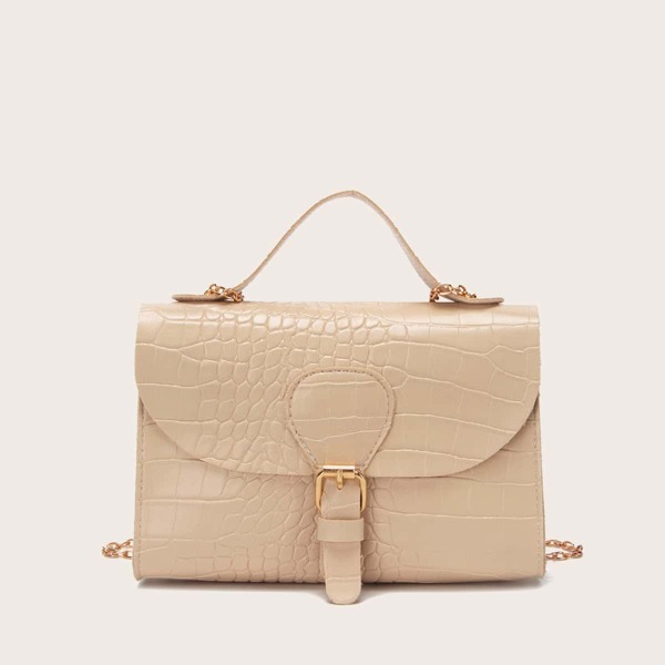 

Buckle Decor Croc Embossed Satchel Bag, Khaki