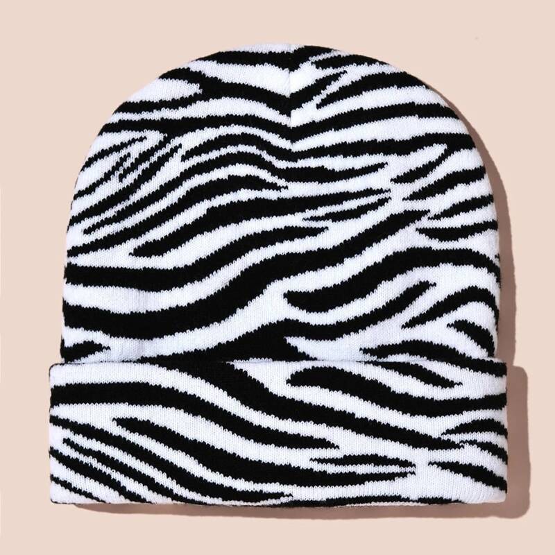 

Zebra Striped Knit Beanie, Black and white