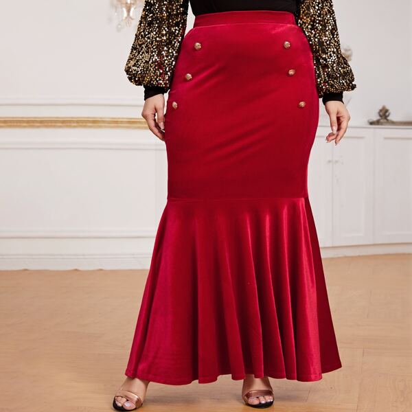 

Plus Double Button Ruffle Hem Mermaid Skirt, Bright red