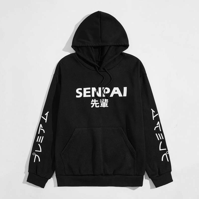 

Guys Kangaroo Pocket Letter Graphic Hoodie, Black