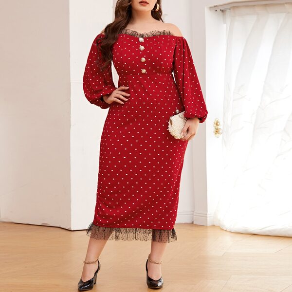 

Plus Polka Dot Off Shoulder Mesh Trim Dress, Red
