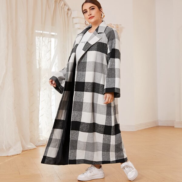 

Plus Gingham Lapel Collar Raglan Sleeve Overcoat, Black and white